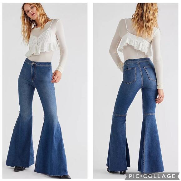NWT Free People Just Float On High Rise Flare Jeans Medium Wash Size 25 Boho 70s - Picture 1 of 16